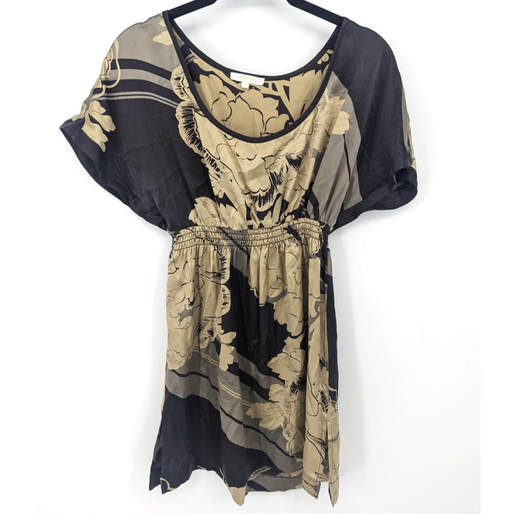 Y2K Silk Top Womens XS Brown Floral Print Short Sleeve Tunic Boho Matty M Blouse